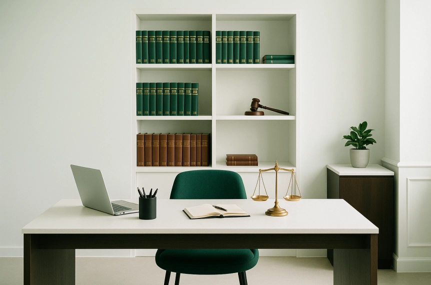 Modern law office, inviting, green and white, soft light